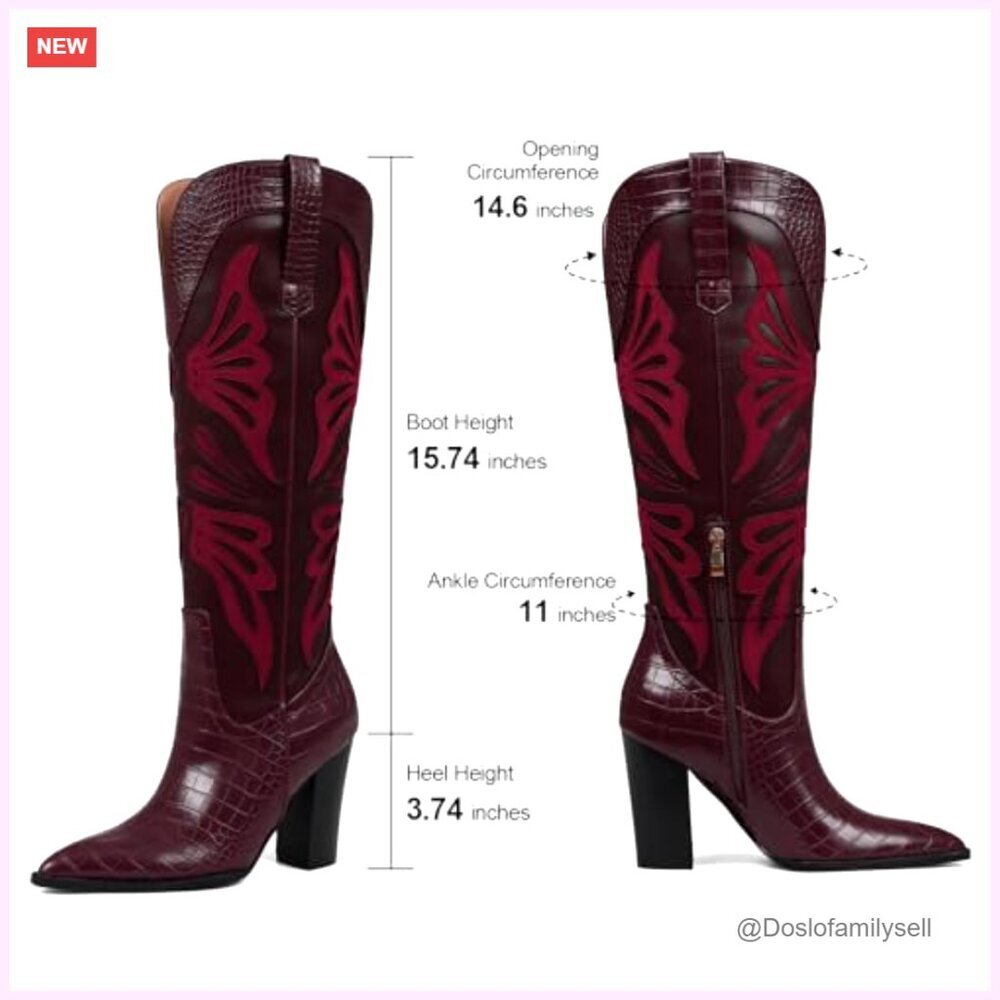 Women's Knee High Cowboy Boots Pointed Toe Chunky Heel Butterfly Embroidery - Picture 6 of 7